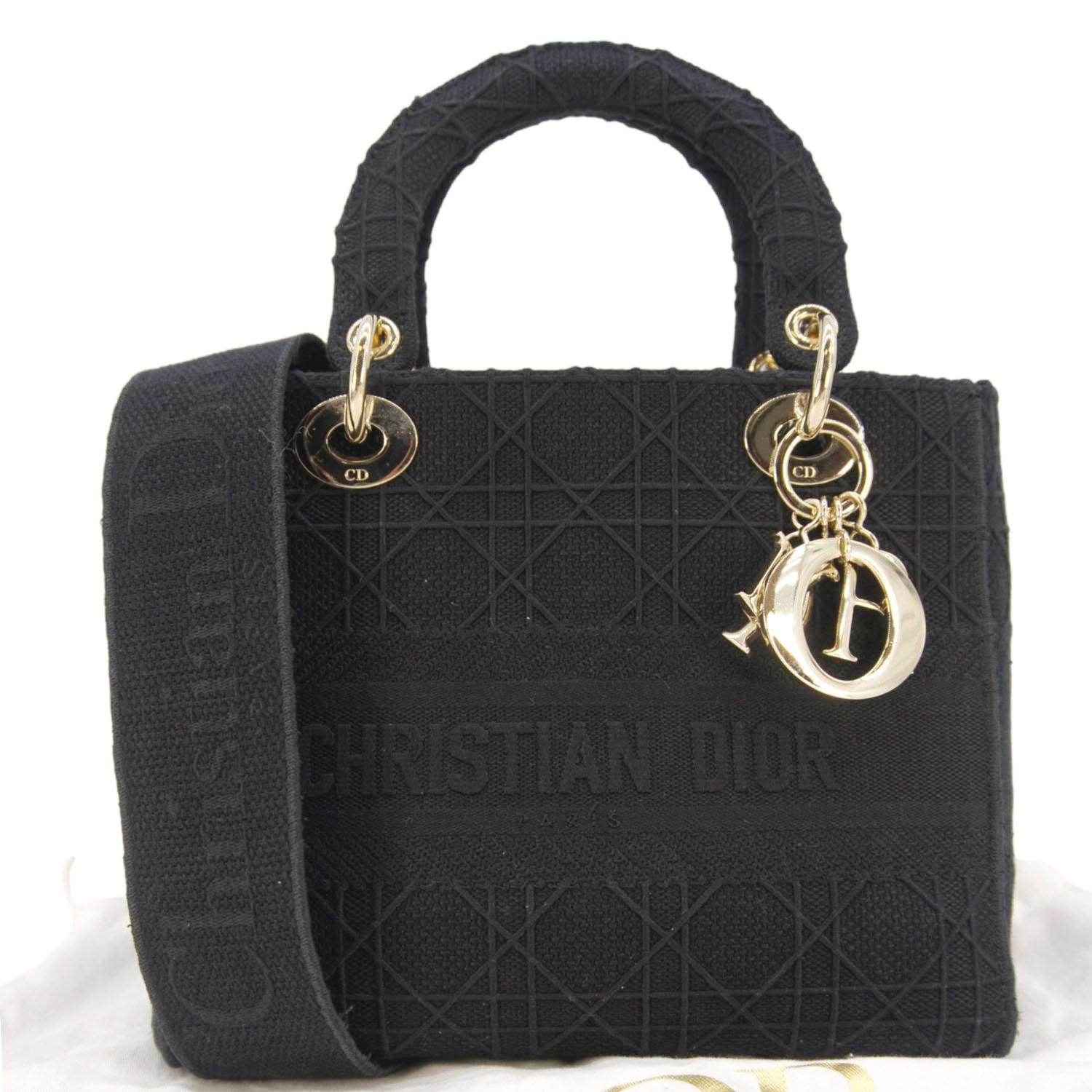 Dior Lady Lite Shoulder Bag Canvas Black Embroidered