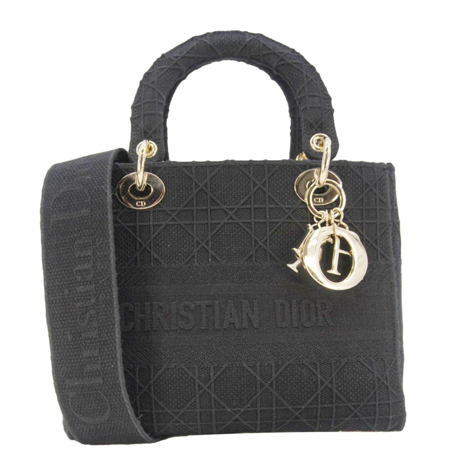 Dior Lady Lite Shoulder Bag Canvas Black Embroidered