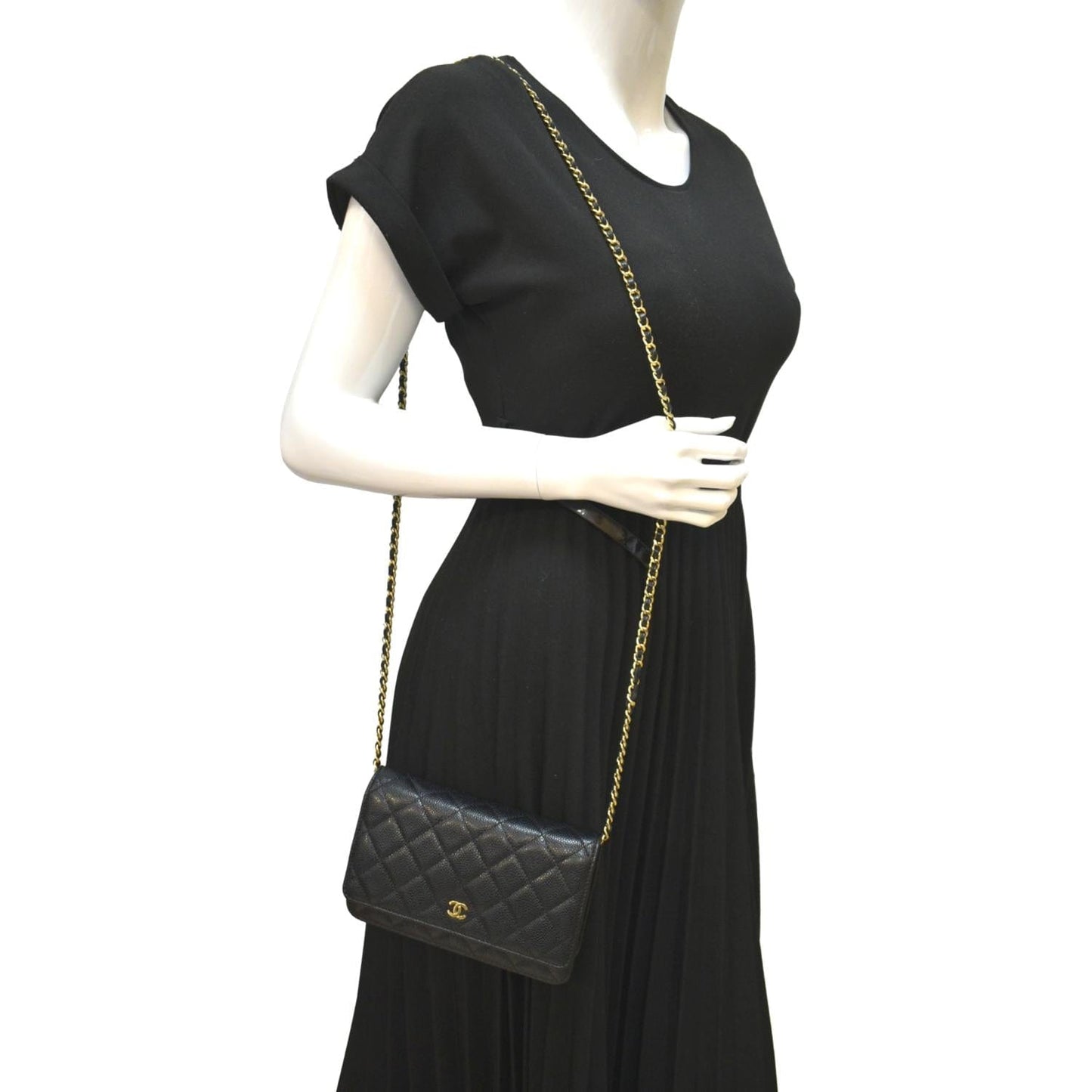 Chanel Boy Woc Caviar On Leather Black Wallet Case On Chain