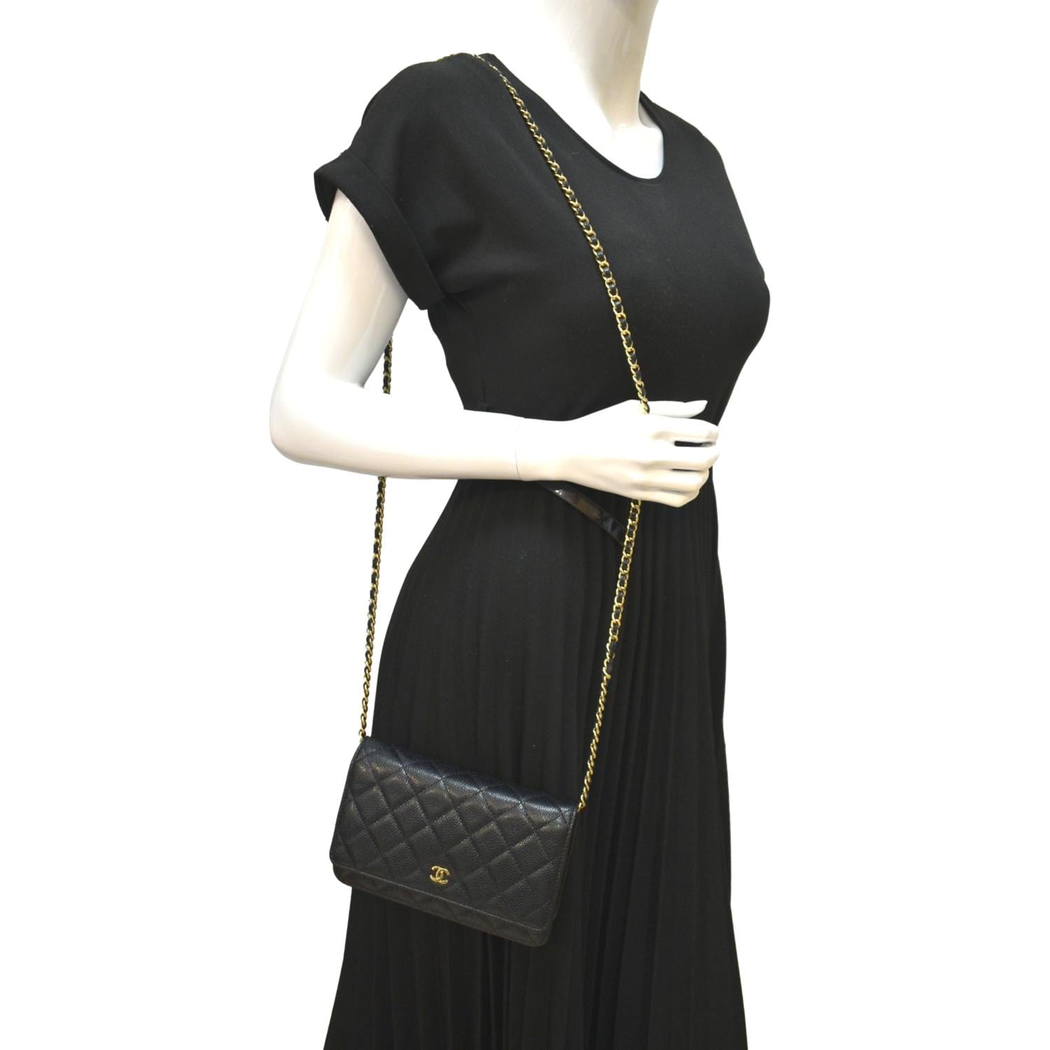 Chanel Boy Woc Caviar On Leather Black Wallet Case On Chain
