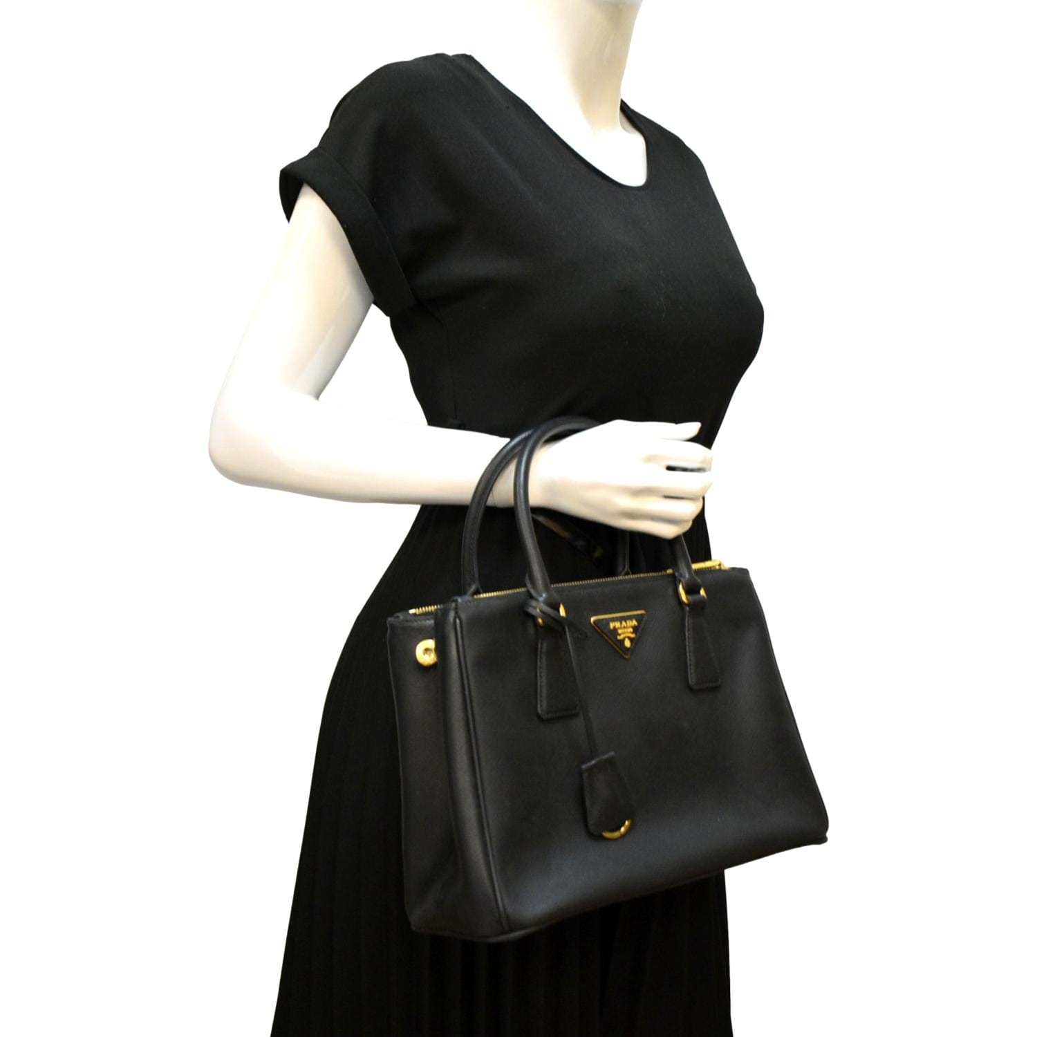 Prada Galleria Double Tote Bag Leather Saffiano Black Shoulder Bag