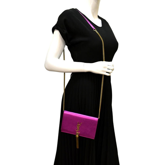 YSL Saint Laurent Yves Kate Tassel Wallet On Bag Metallic Leather Purple Chain Crossbody Bag