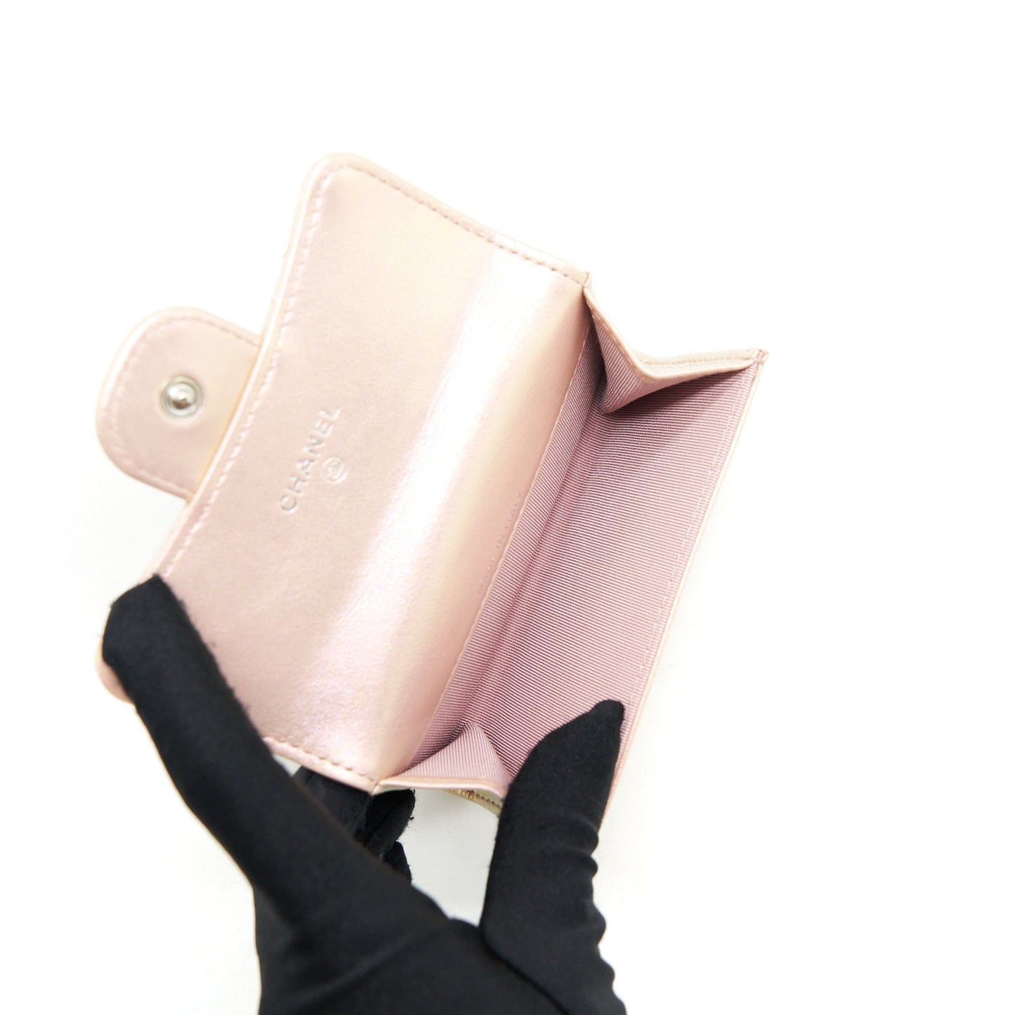 Chanel 21k Iridescent Flap Card Holder SHW Pink Wallet Case