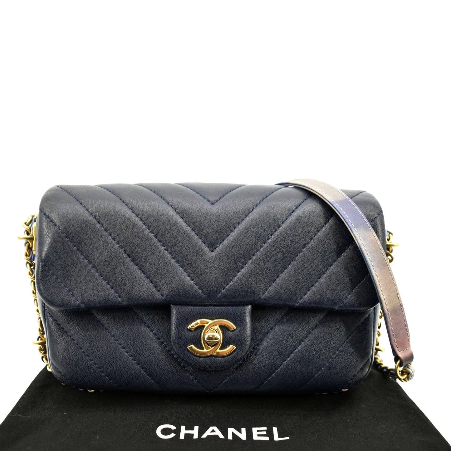 Chanel Mini Rectangular Flap Chevron Leather Crossbody Bag Navy Blue