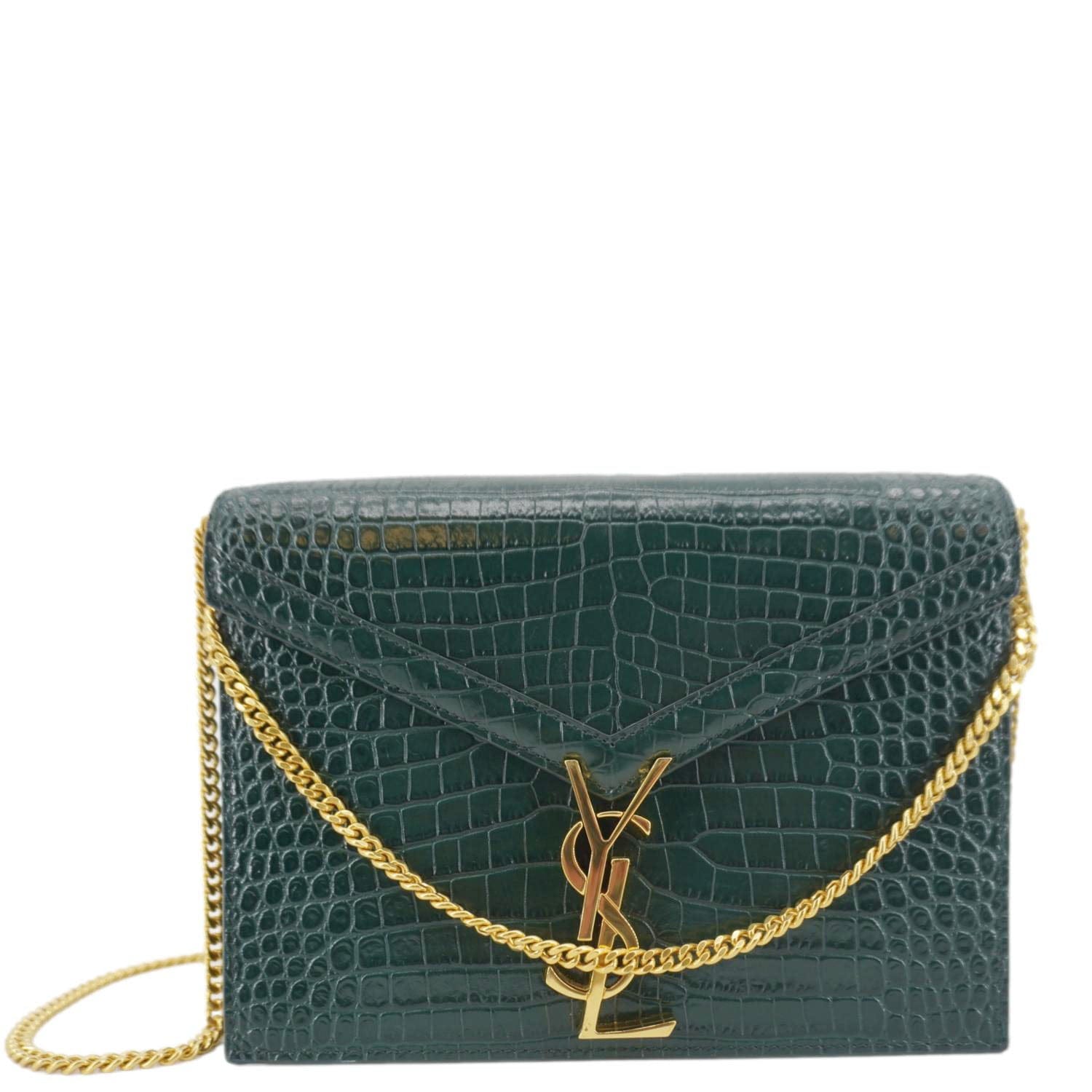 YSL Saint Laurent Yves Cassandra Shoulder Bag Leather Green Embossed