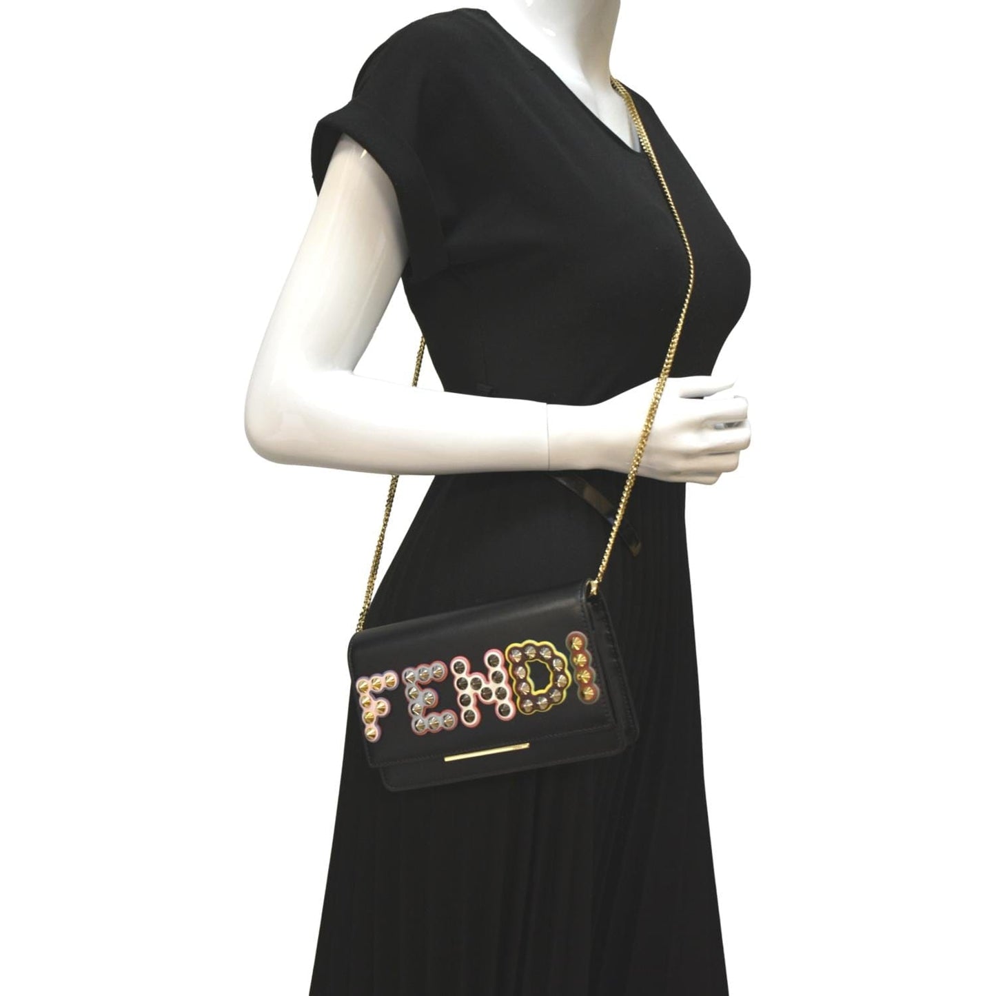 Fendi Studded Woc Crossbody Clutch Leather Black Logo Clutch Bag