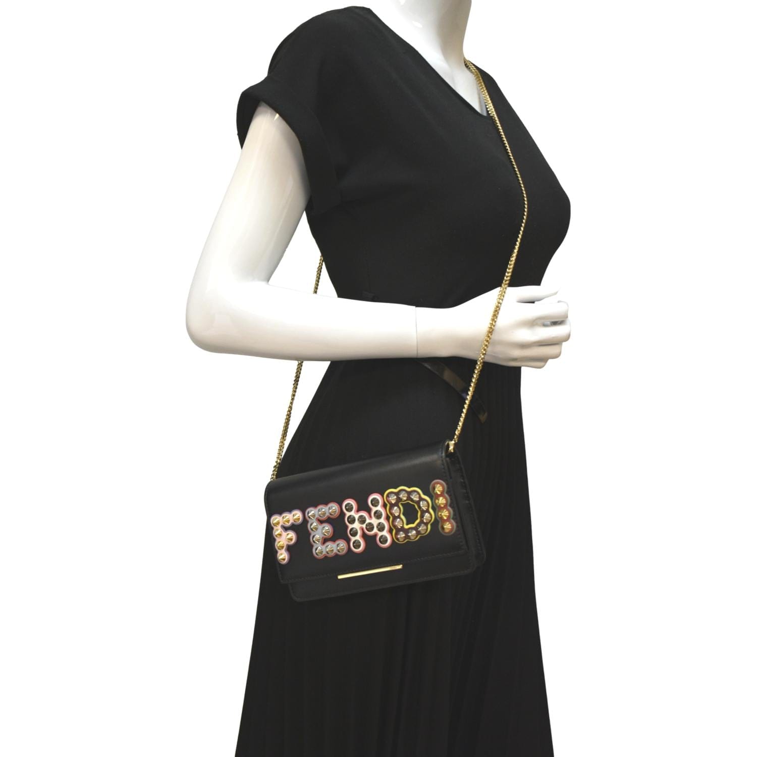 Fendi Studded Woc Crossbody Clutch Leather Black Logo Clutch Bag
