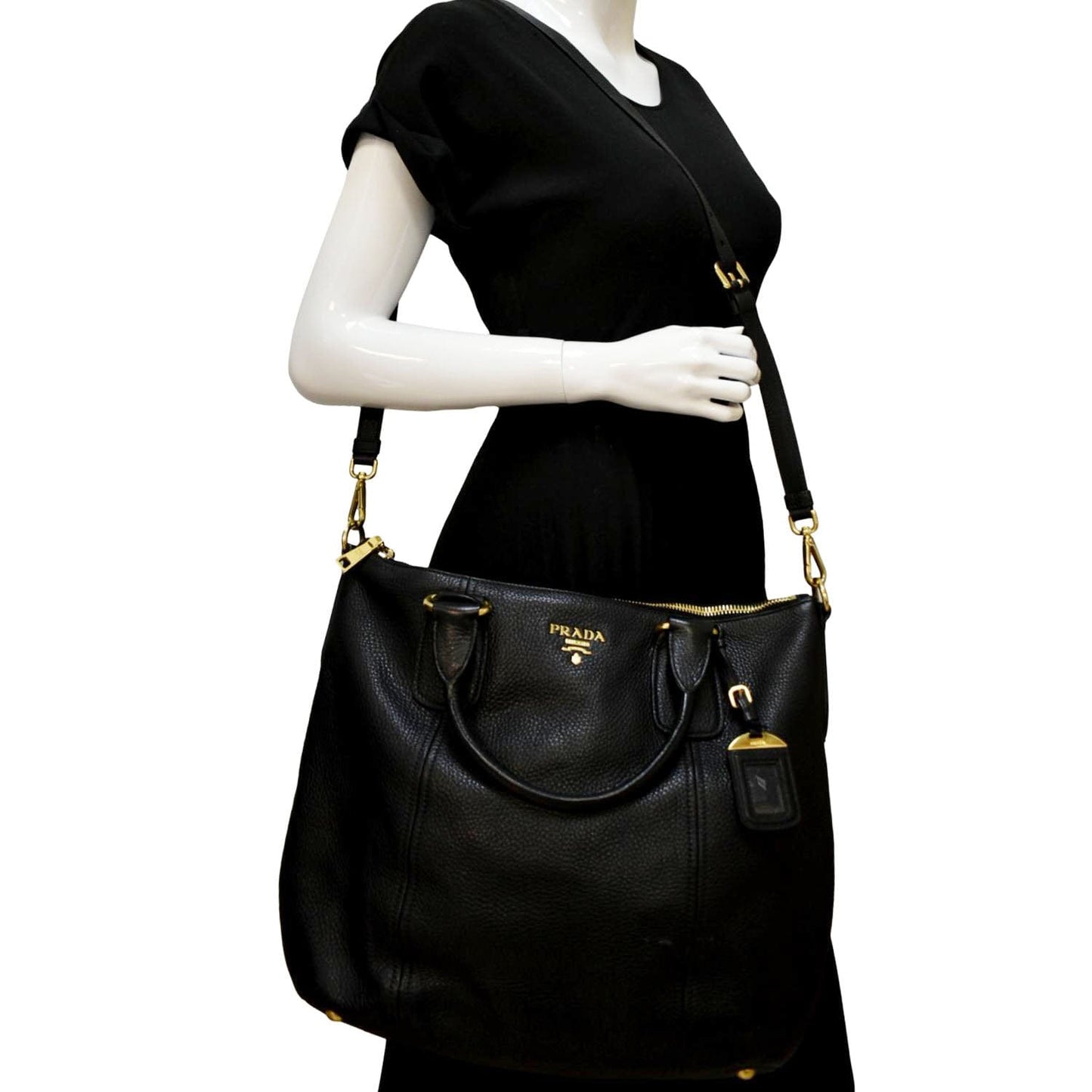 Vitello Daino Tote Shoulder Bag Leather Black