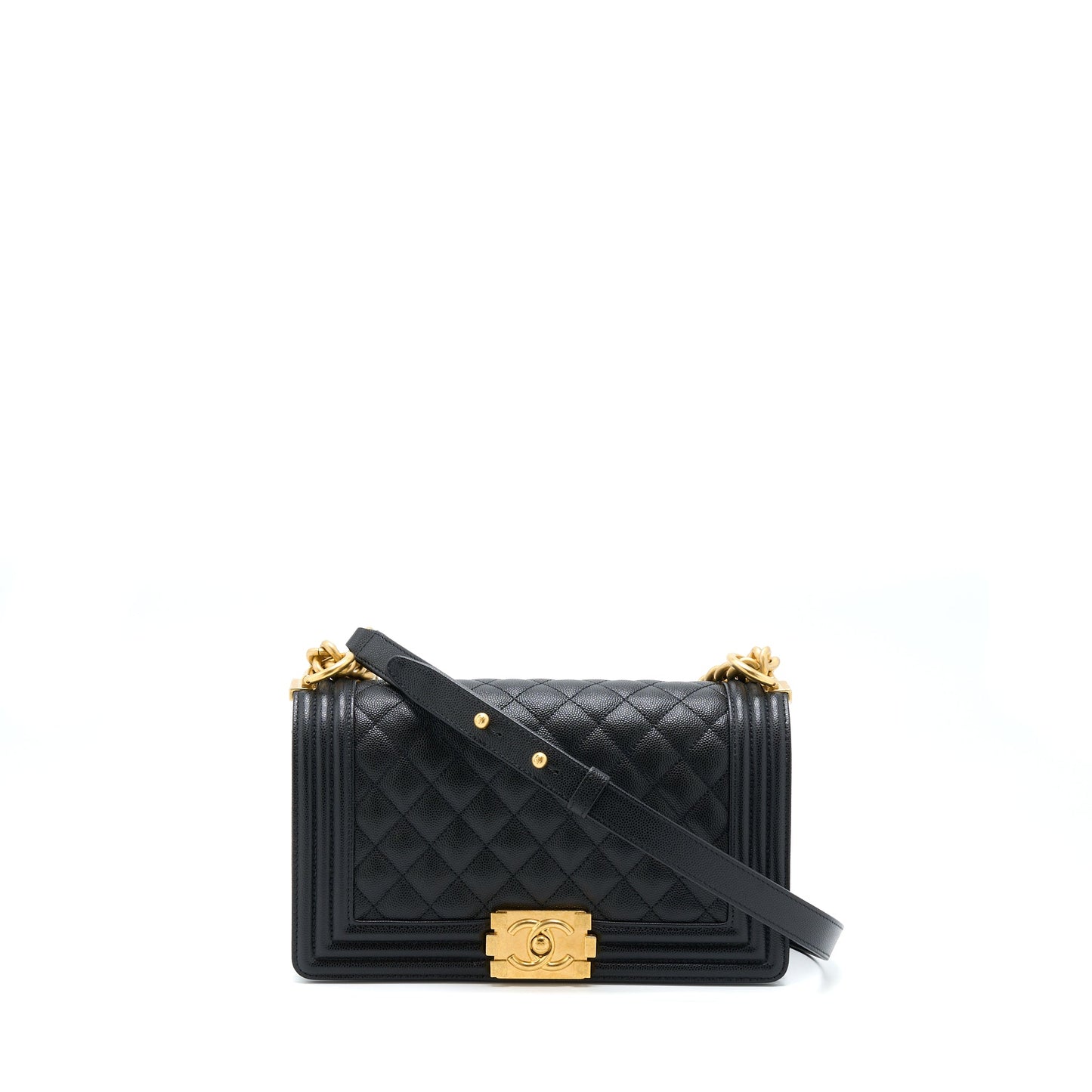 Chanel Boy Caviar Brushed Hardware Microchip Black Gold Handbag