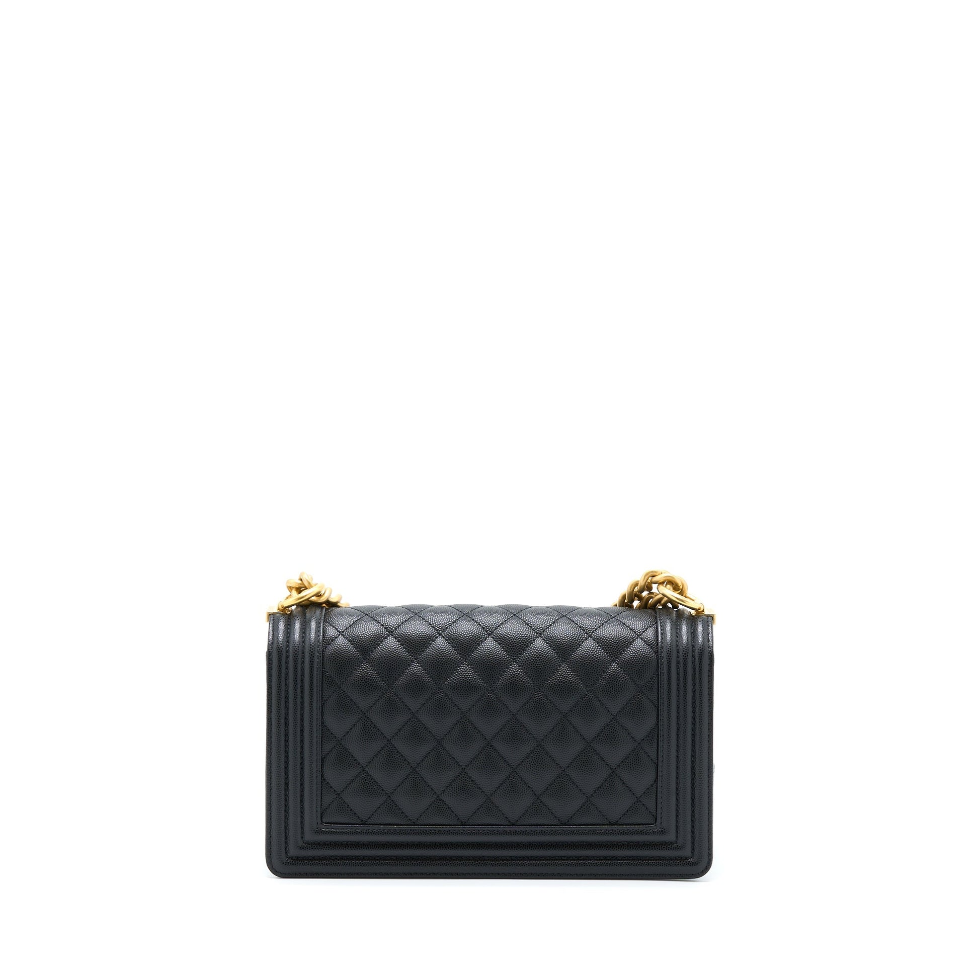Chanel Boy Caviar Brushed Hardware Microchip Black Gold Handbag