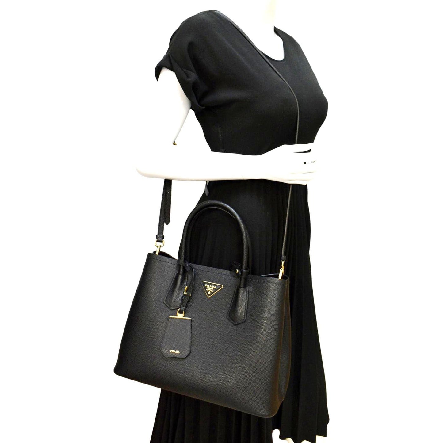 Double Zip Saffiano Shoulder Tote Bag Leather Black Shoulder Bag