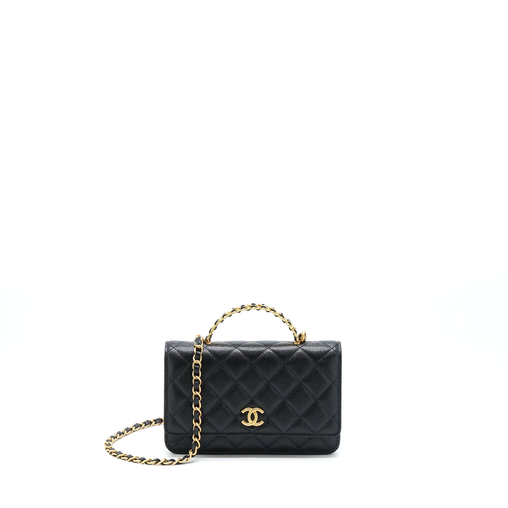 Chanel Top Handle On Caviar GHW Microchip Black Wallet Case