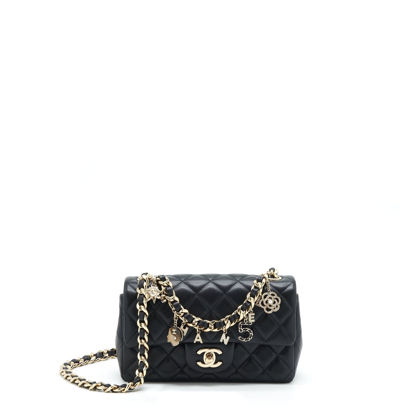 Chanel Rectangular Flap Charms Giant Chains Lambskin Black Key Chain