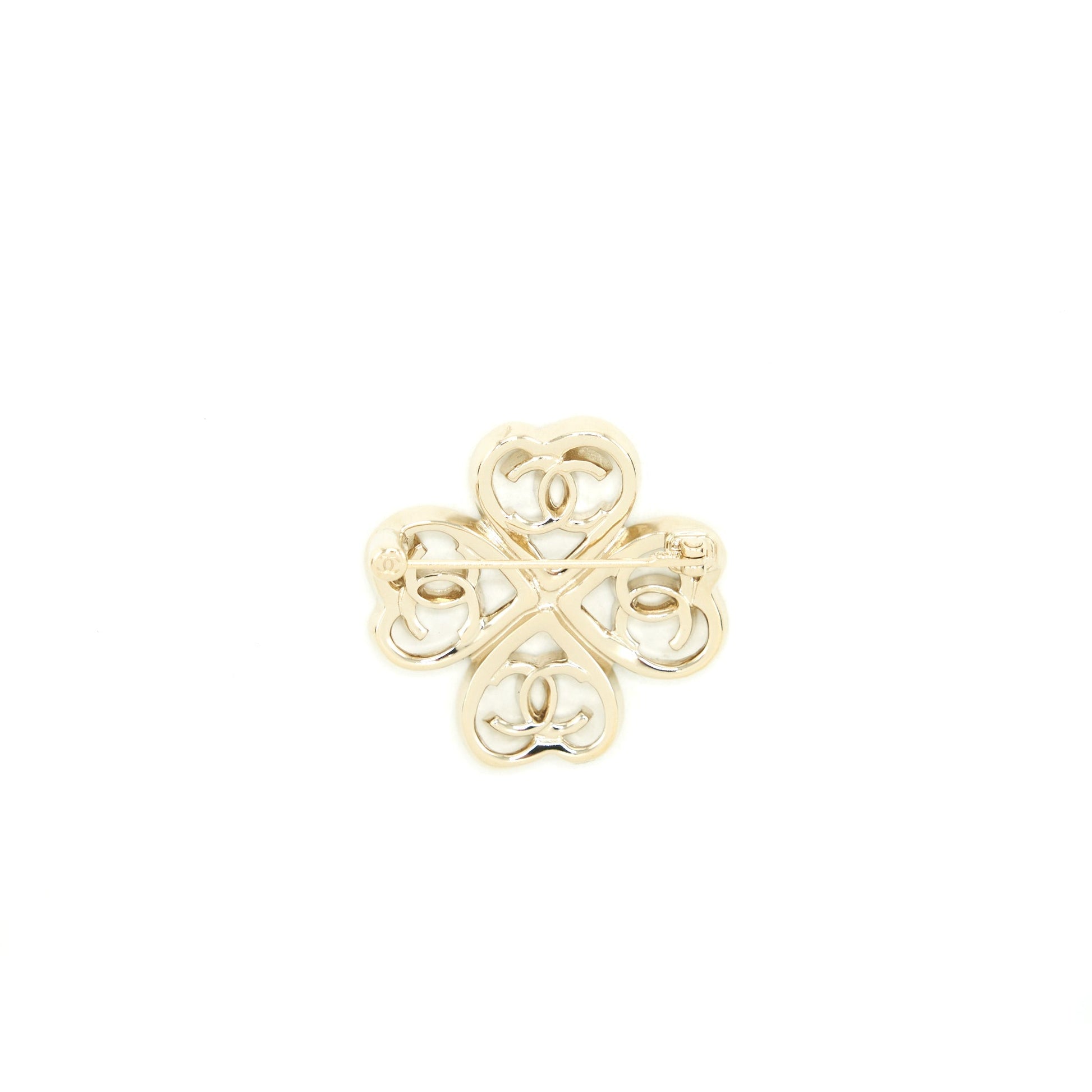 Chanel Clover CC Logo Brooch Light Tone Gold Handbag
