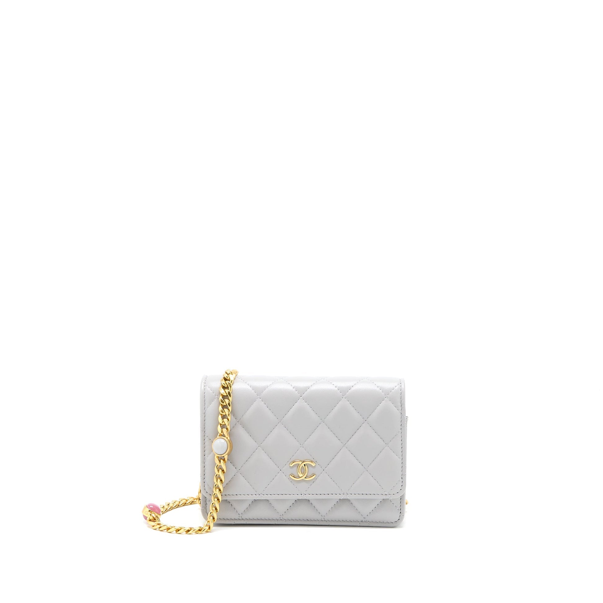 Chanel Square on Gem Chains Lambskin Light Grey Wallet Case