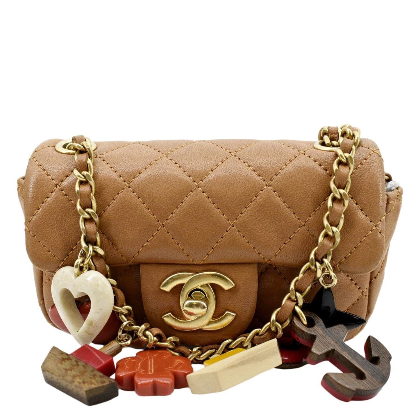 Chanel Marine Charms Quilted Dark Leather Beige Key Chain