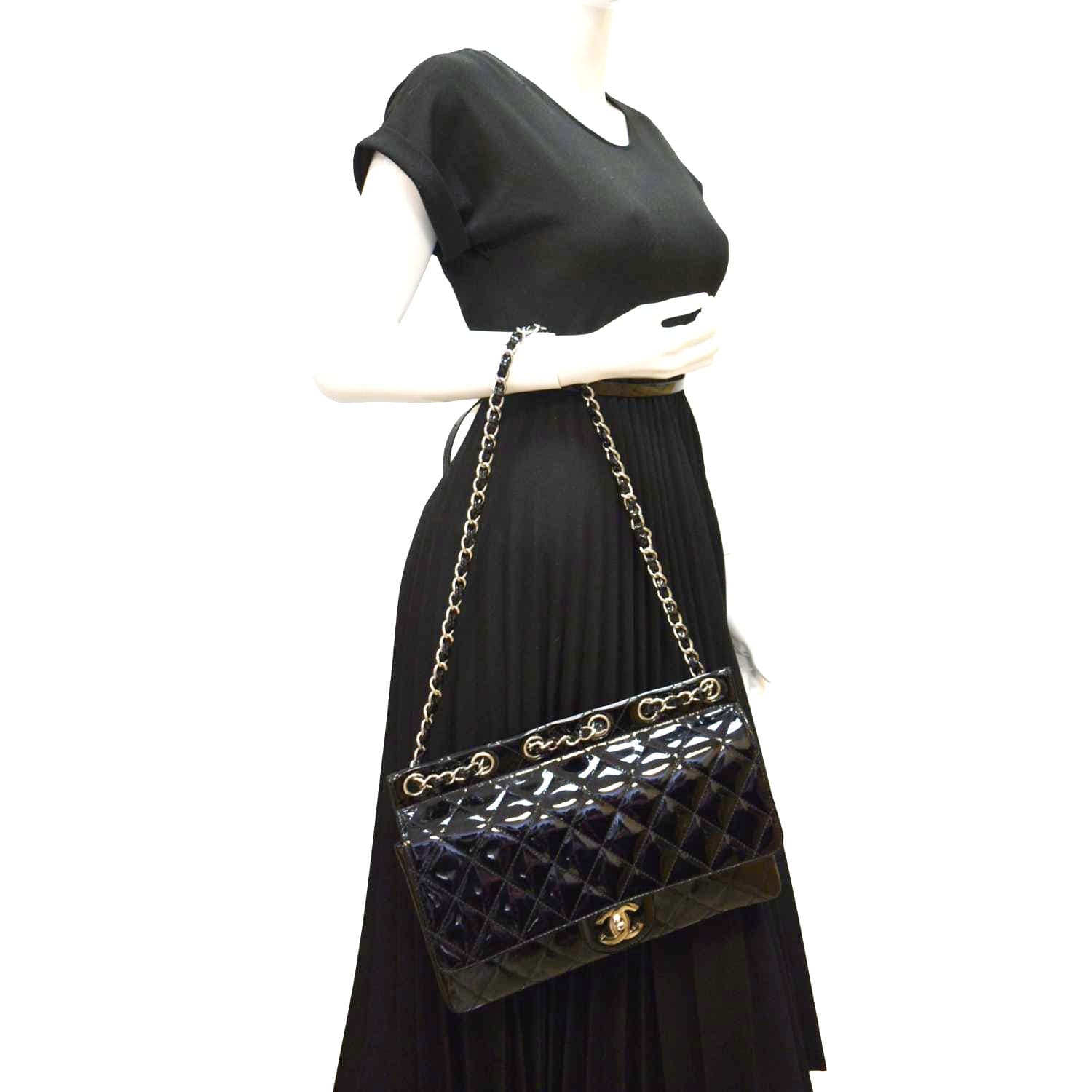 Chanel Through Flap Quilted Patent Leather Black Travel Bag