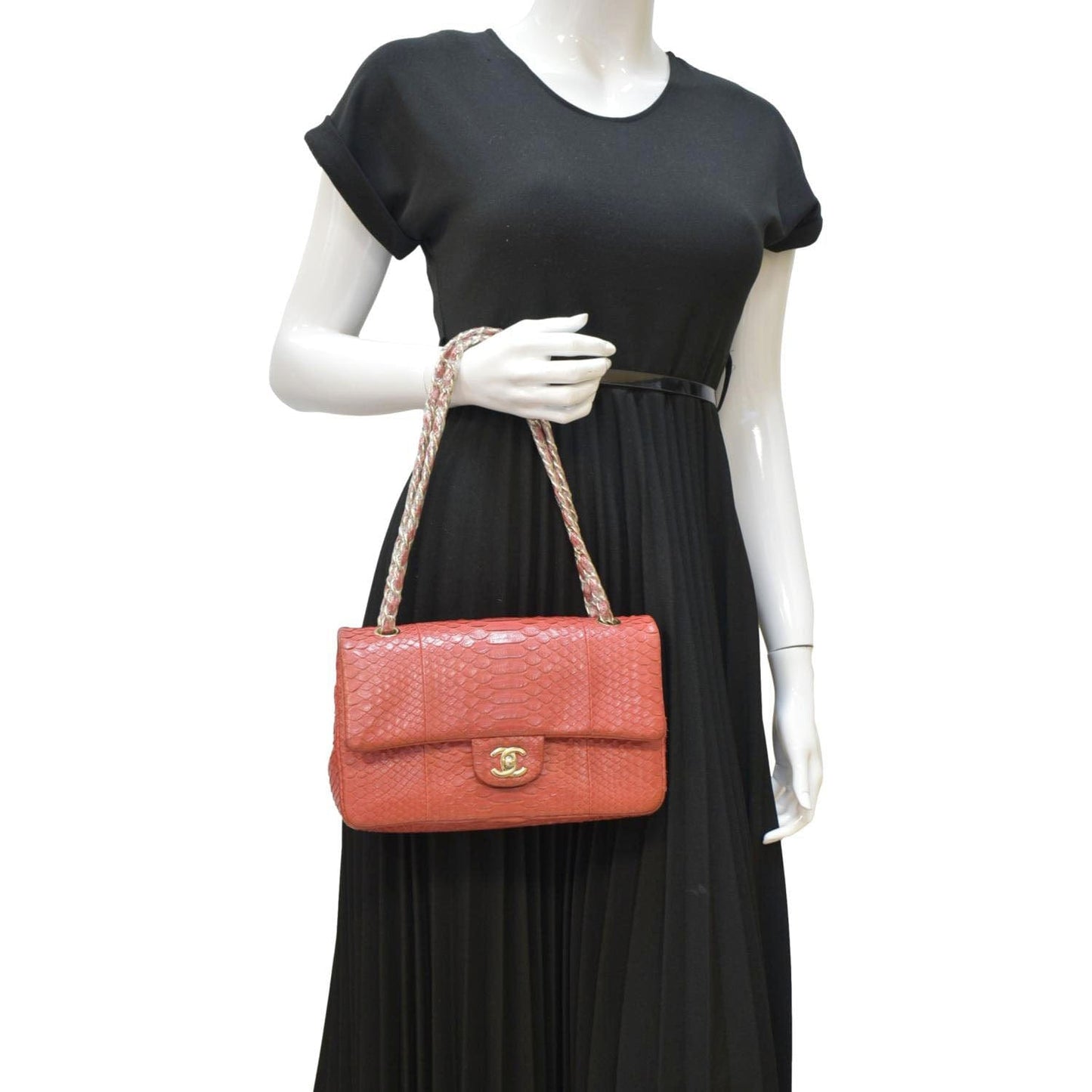 Chanel Classic Double Flap Python Leather Red Travel Bag