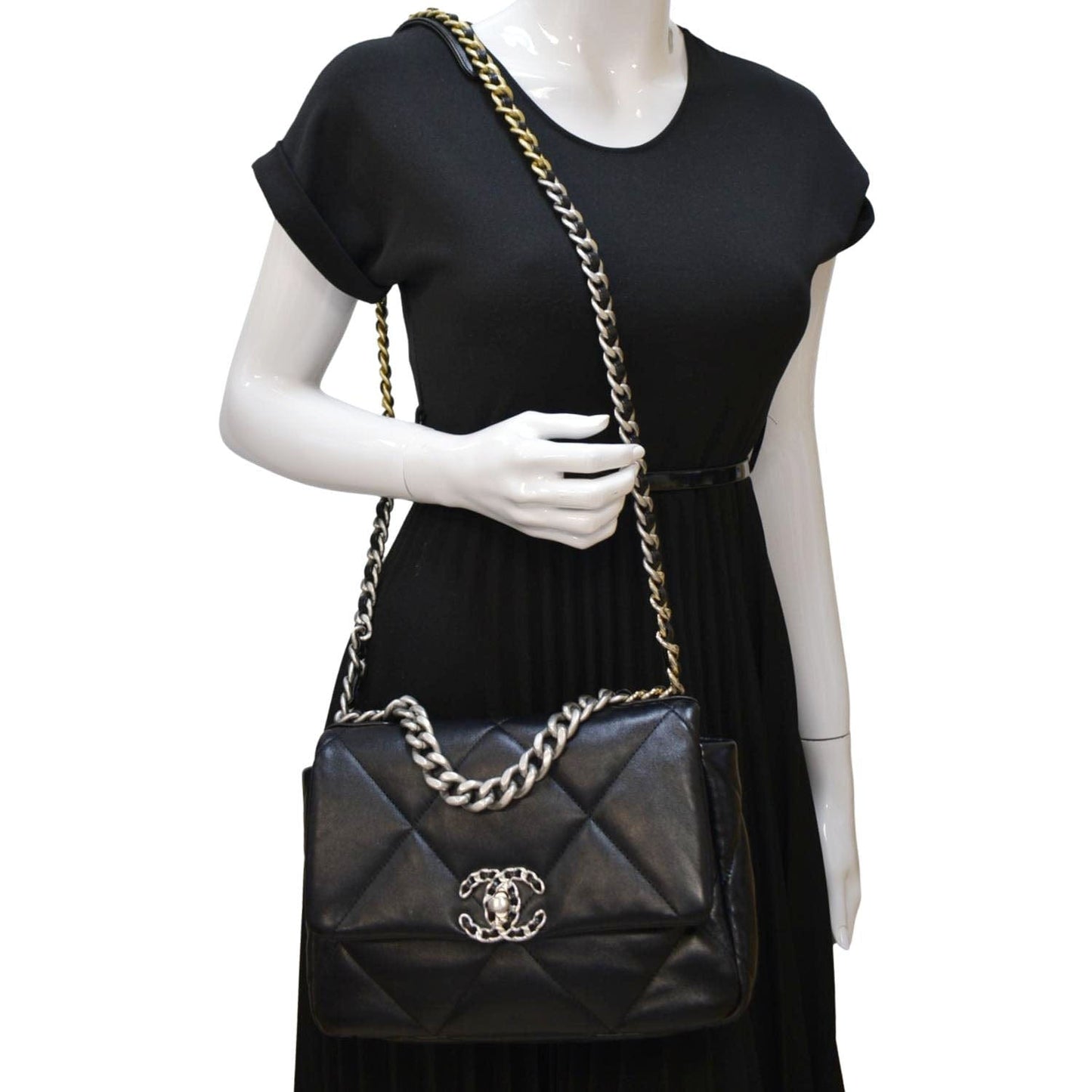 Chanel 19 Flap Quilted Leather Lambskin Black Travel Bag Black Small