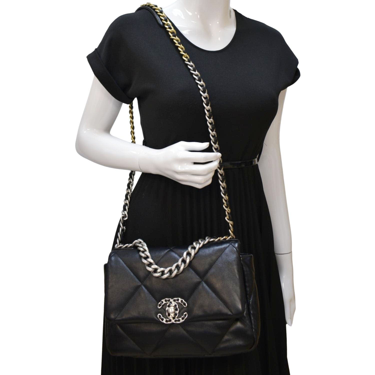 Chanel 19 Flap Quilted Leather Lambskin Black Travel Bag Black Small