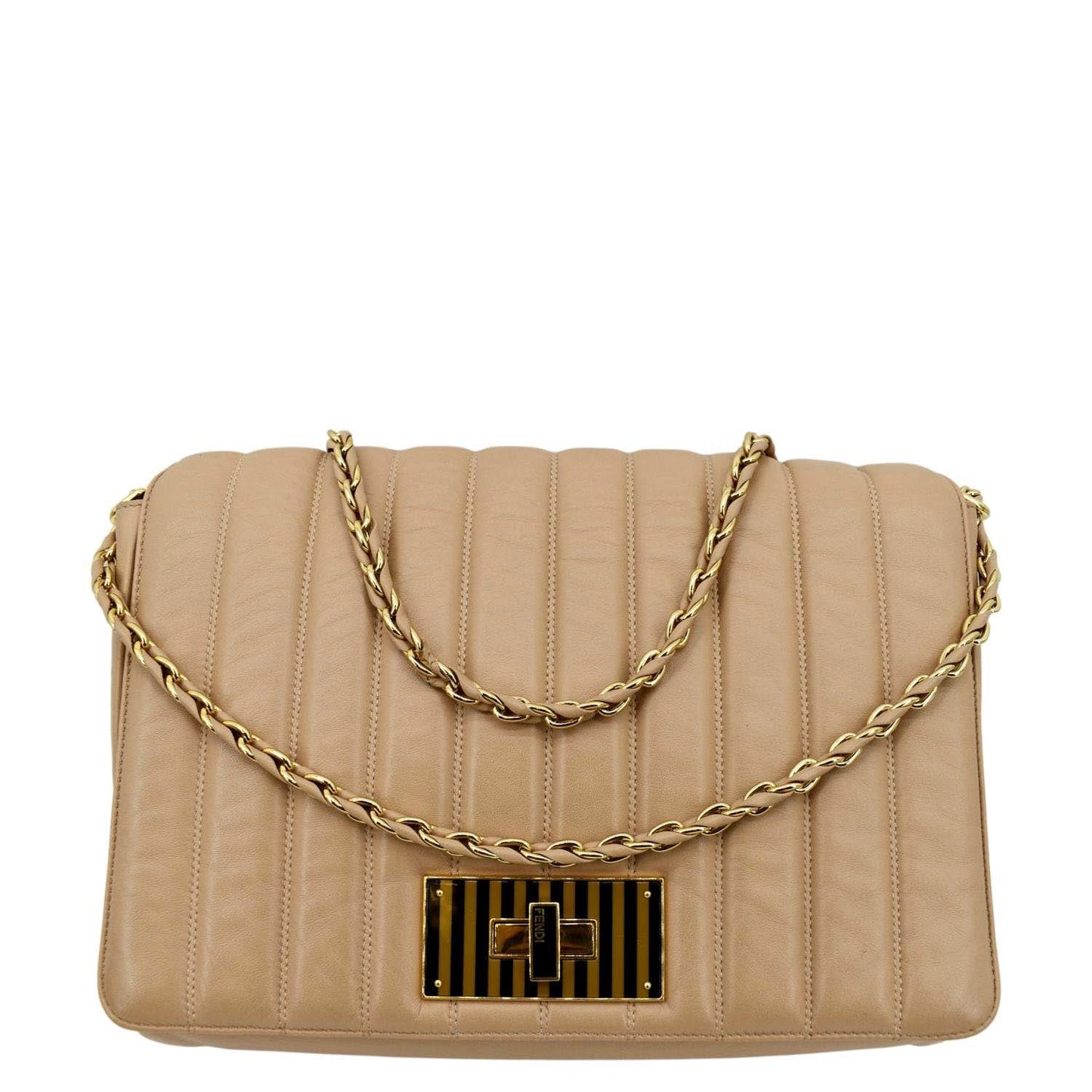 Fendi Claudia Pequin Crossbody Bag Leather Beige Embossed