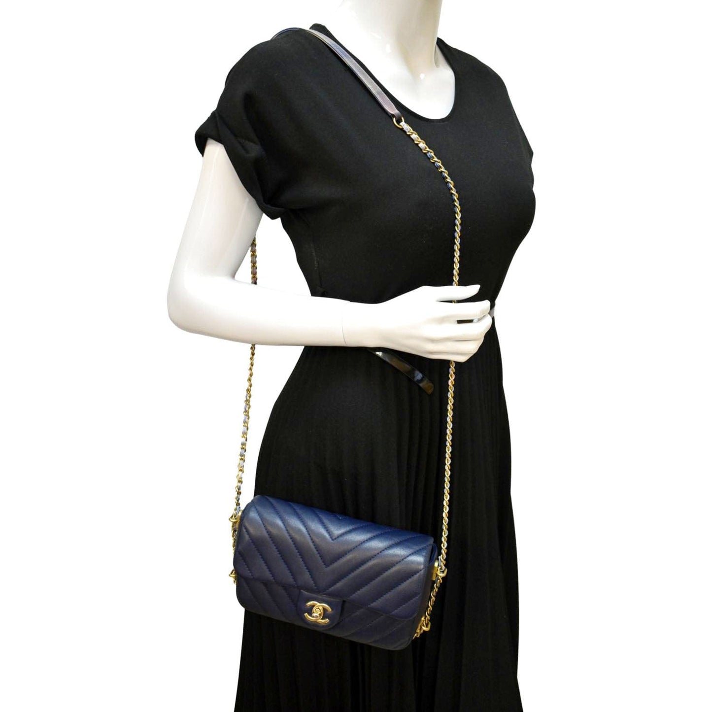 Chanel Mini Rectangular Flap Chevron Leather Crossbody Bag Navy Blue