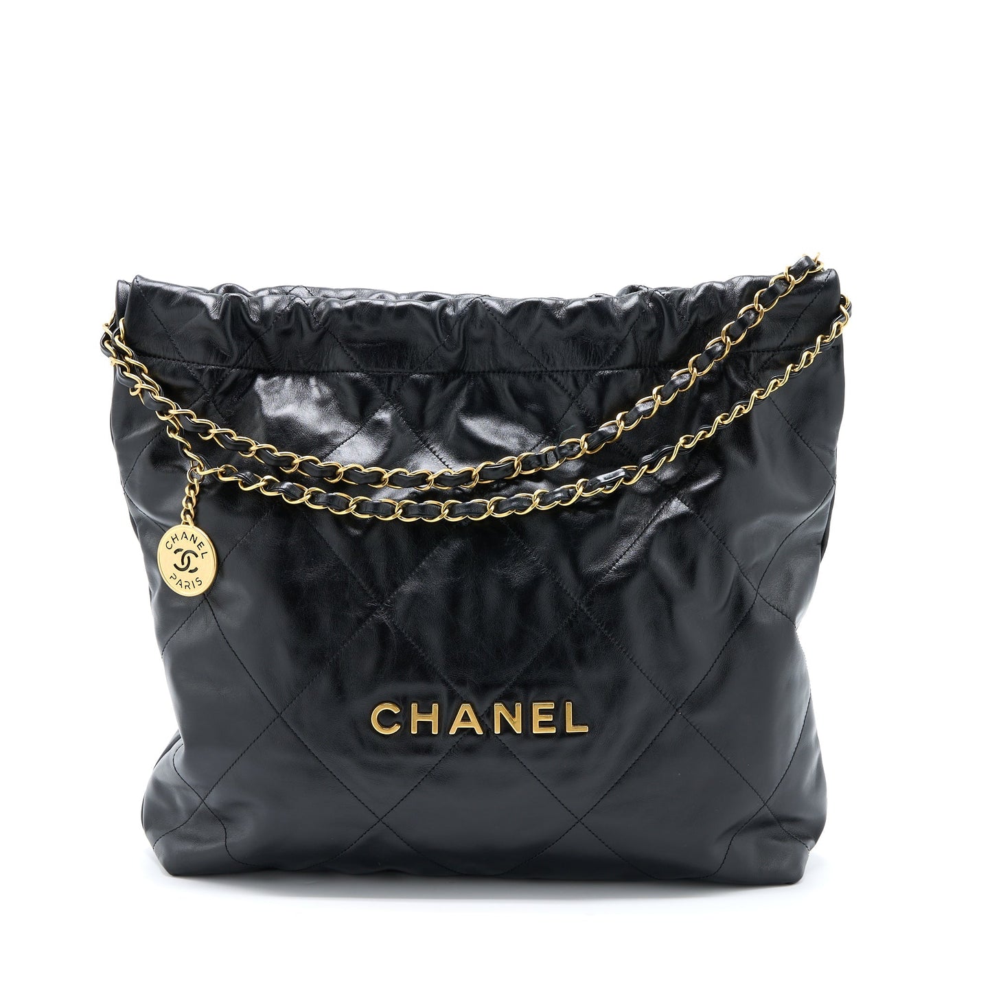 Chanel 22 Shiny Calfskin Brushed GHW Microchip Black Handbag