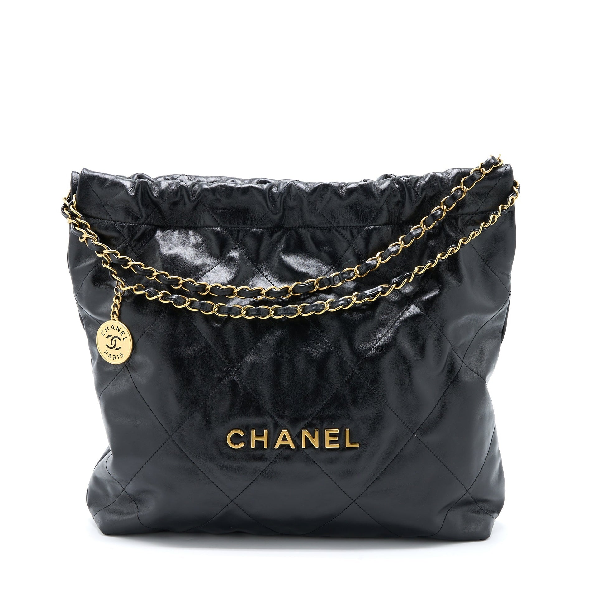 Chanel 22 Shiny Calfskin Brushed GHW Microchip Black Handbag