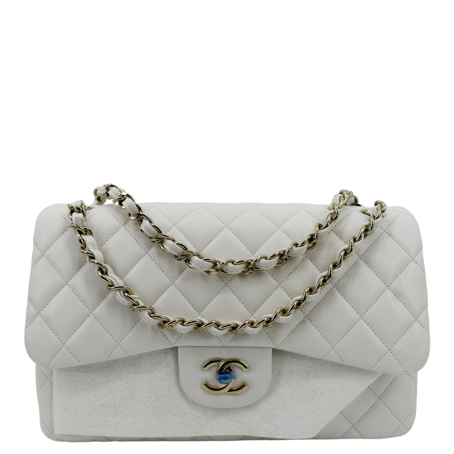 Chanel Jumbo Double Flap Quilted Caviar Leather White Travel Bag