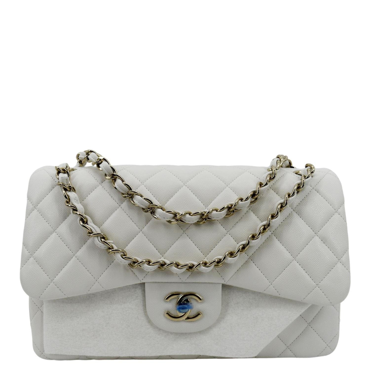 Chanel Jumbo Double Flap Quilted Caviar Leather White Travel Bag
