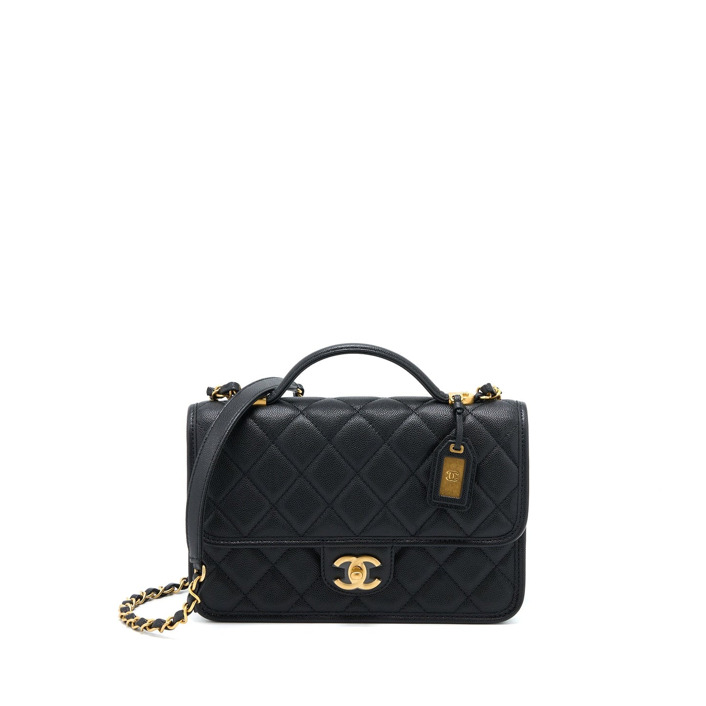 Chanel 22K Top Handle Messenger Caviar Brushed Black Messenger Bag Ghw Microchip