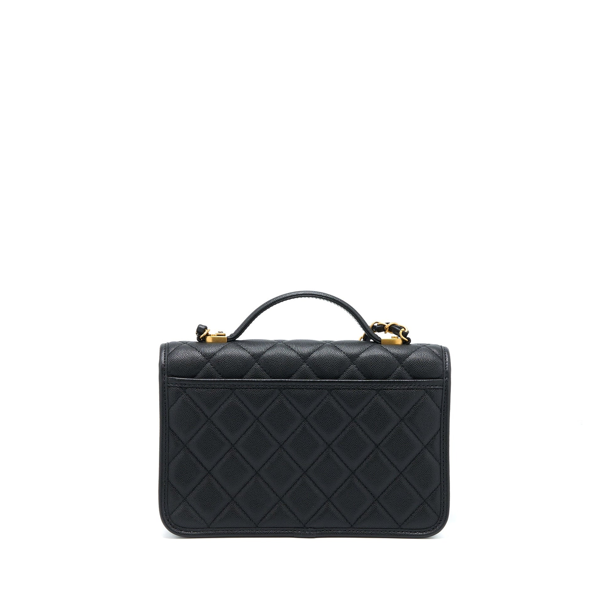 Chanel 22K Top Handle Messenger Caviar Brushed Black Messenger Bag Ghw Microchip