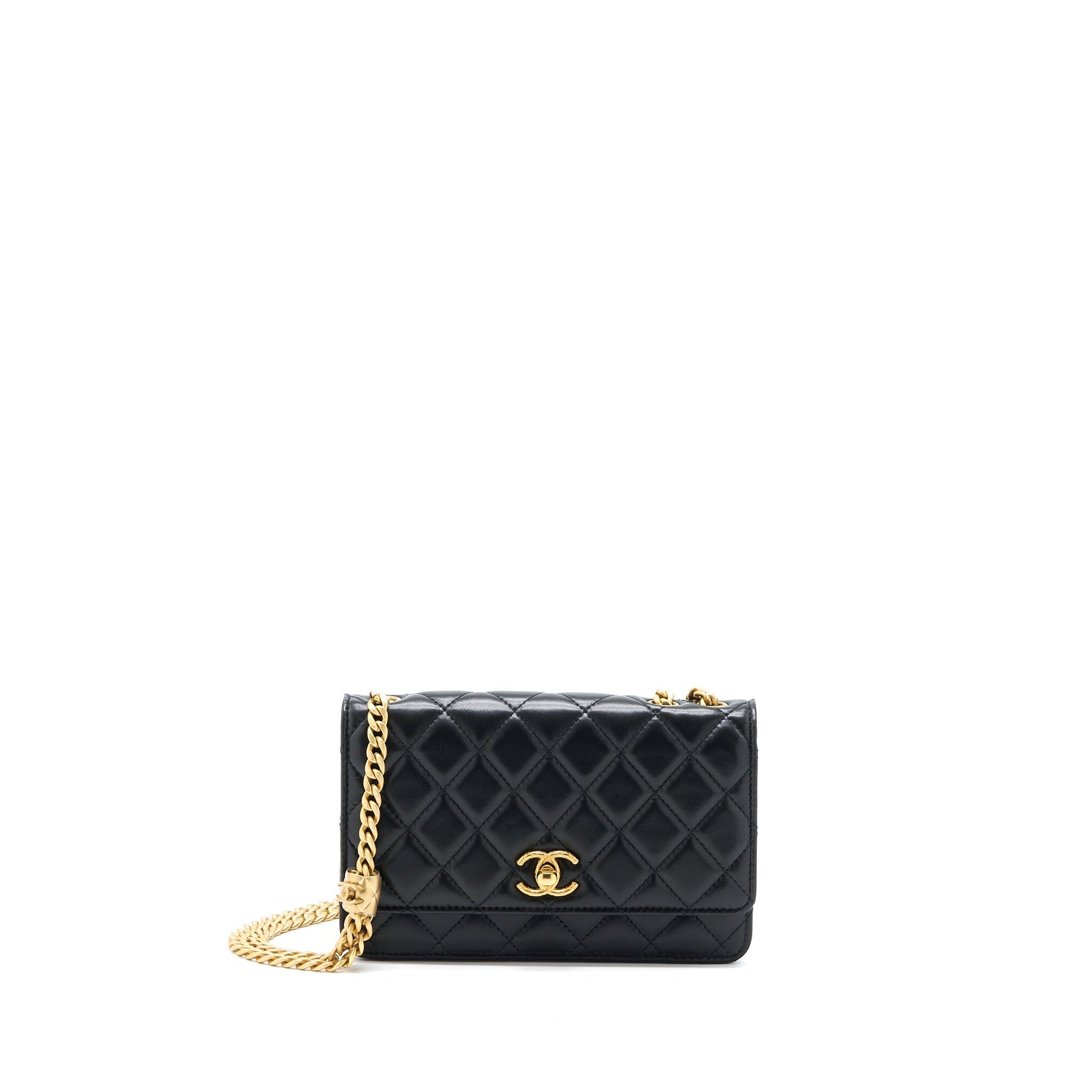 Chanel 22K Pillar On Lambskin Brushed GHW Black Gold Wallet Case Ghw Microchip