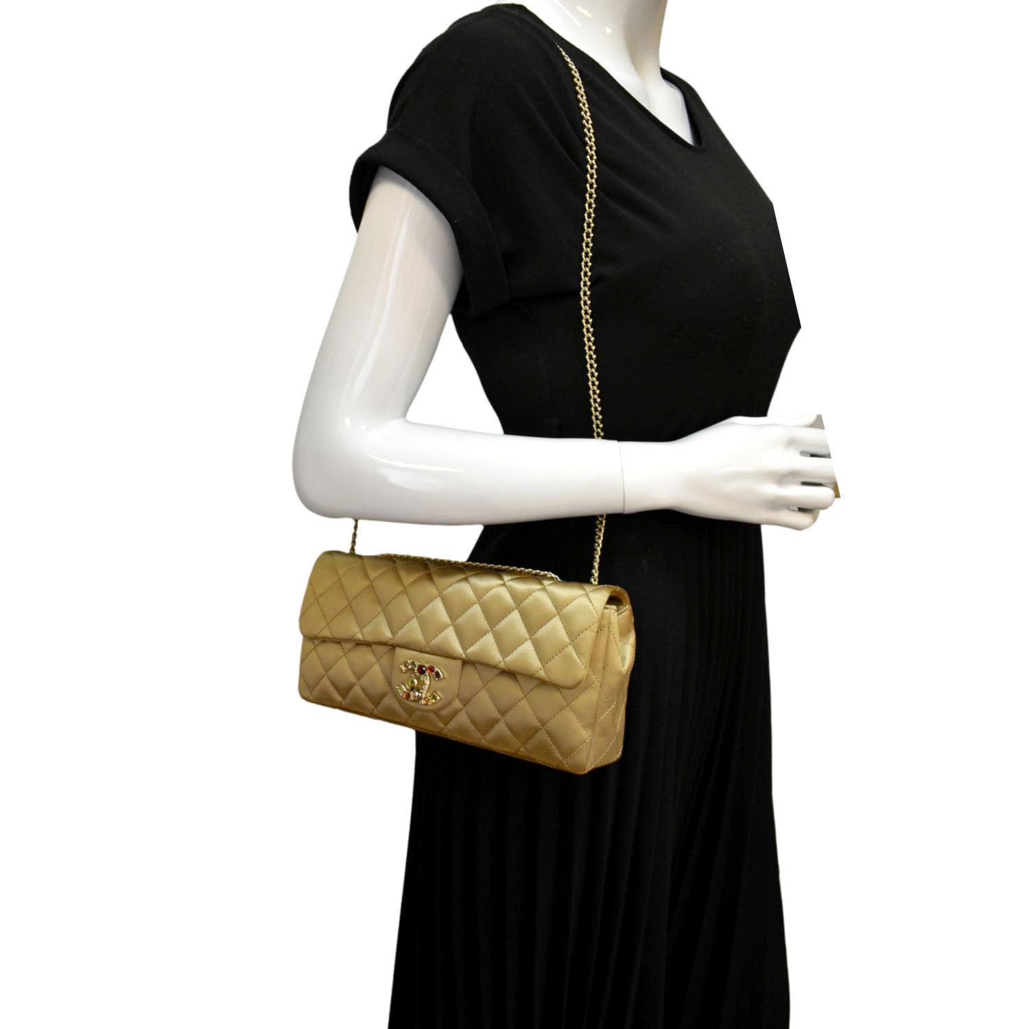 Chanel East West Satin Single Flap Gold Travel Bag