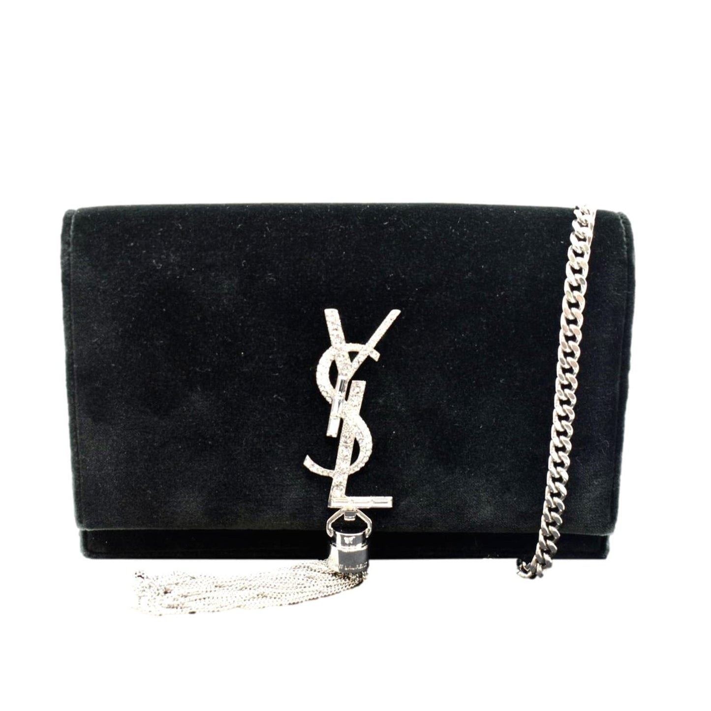 YSL Saint Laurent Yves Crystal Kate Tassel Velvet Crossbody Bag Dark Green Medium