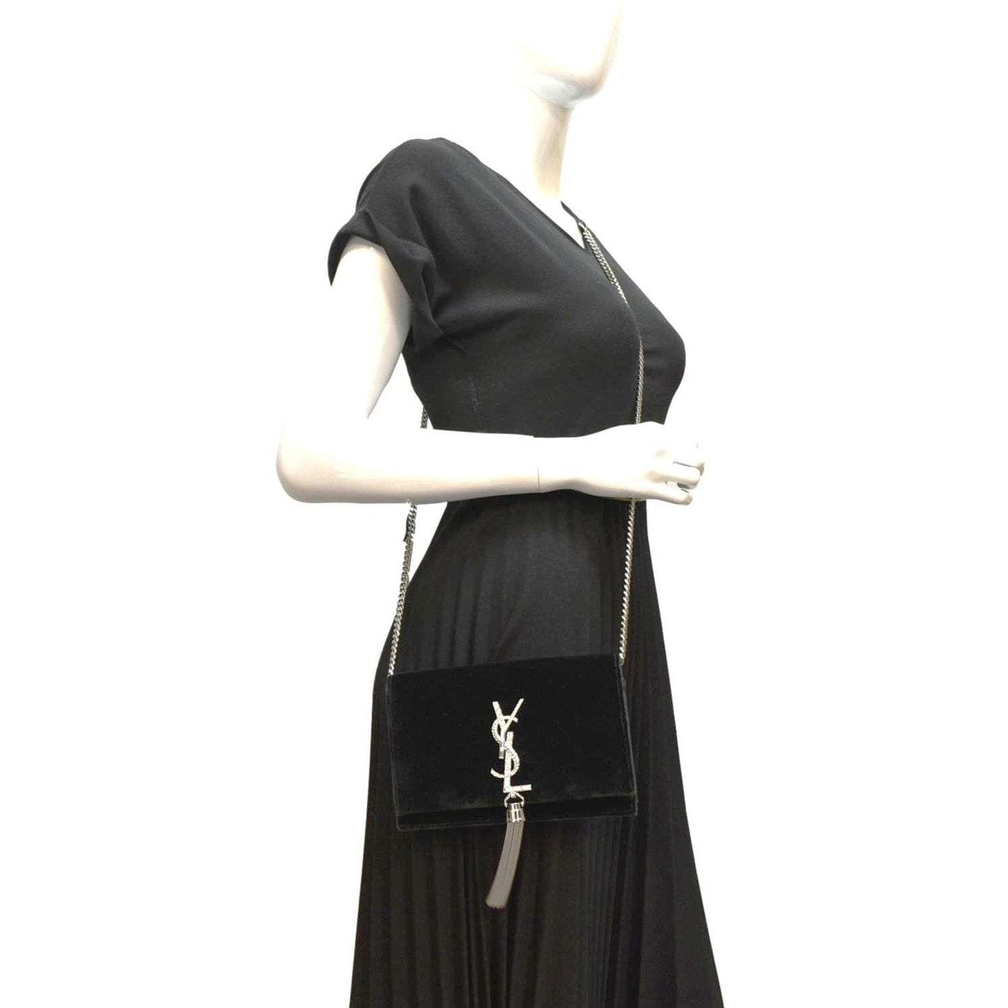 YSL Saint Laurent Yves Crystal Kate Tassel Velvet Crossbody Bag Dark Green Medium