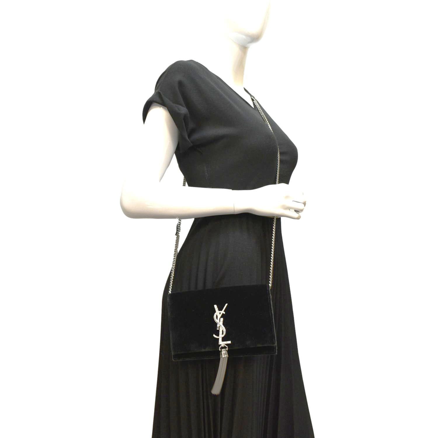 YSL Saint Laurent Yves Crystal Kate Tassel Velvet Crossbody Bag Dark Green Medium