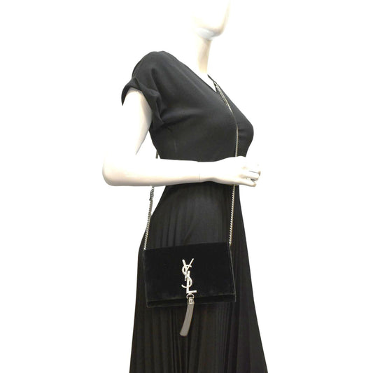 YSL Saint Laurent Yves Crystal Kate Tassel Velvet Crossbody Bag Dark Green Medium