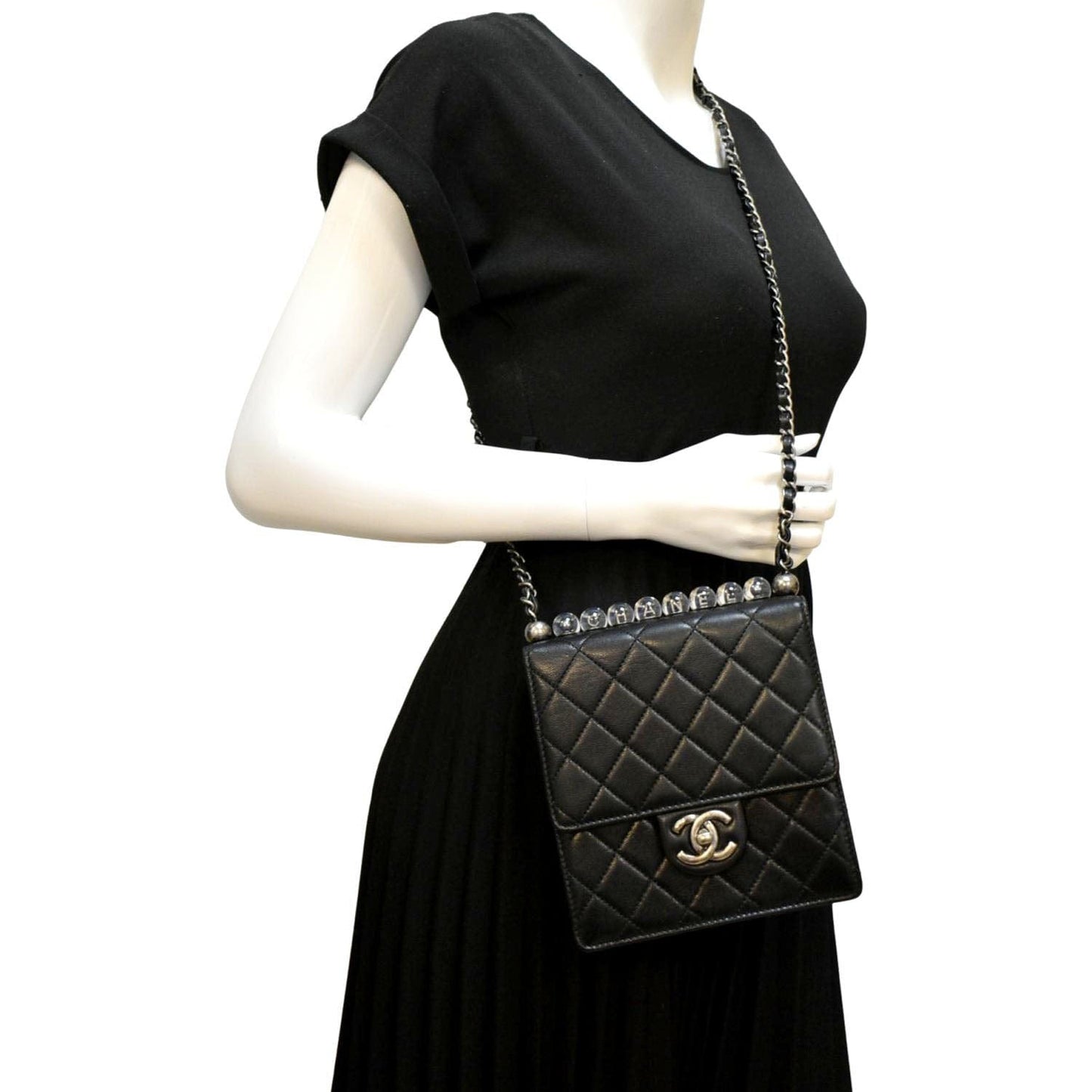 Chanel Chic Pearls Flap Quilted Leather Calfskin Black Travel Bag