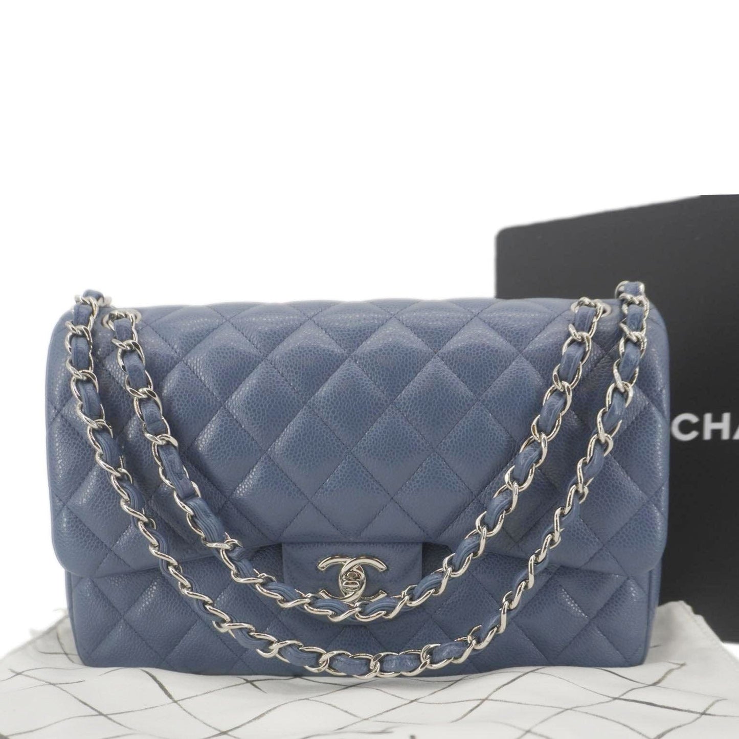 Chanel Classic Jumbo Double Flap Quilted Leather Blue Travel Bag Flap Bag