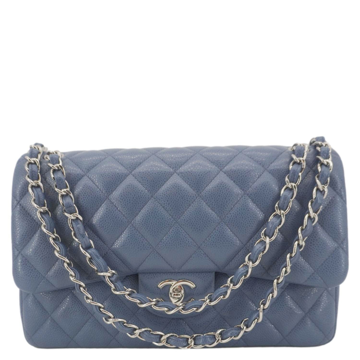 Chanel Classic Jumbo Double Flap Quilted Leather Blue Travel Bag Flap Bag