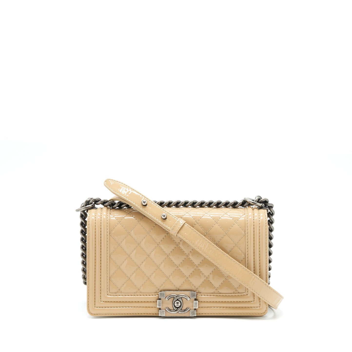 Chanel Boy Patent Light Ruthenium Sliver Hardware Beige Handbag