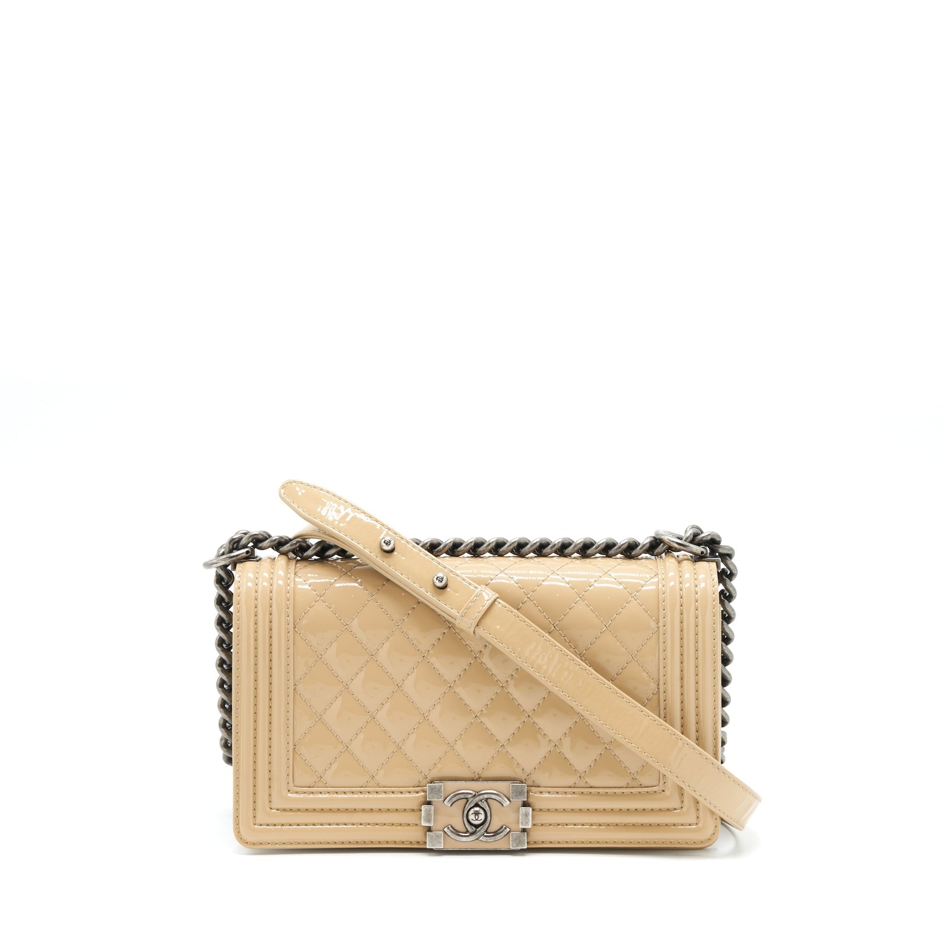 Chanel Boy Patent Light Ruthenium Sliver Hardware Beige Handbag