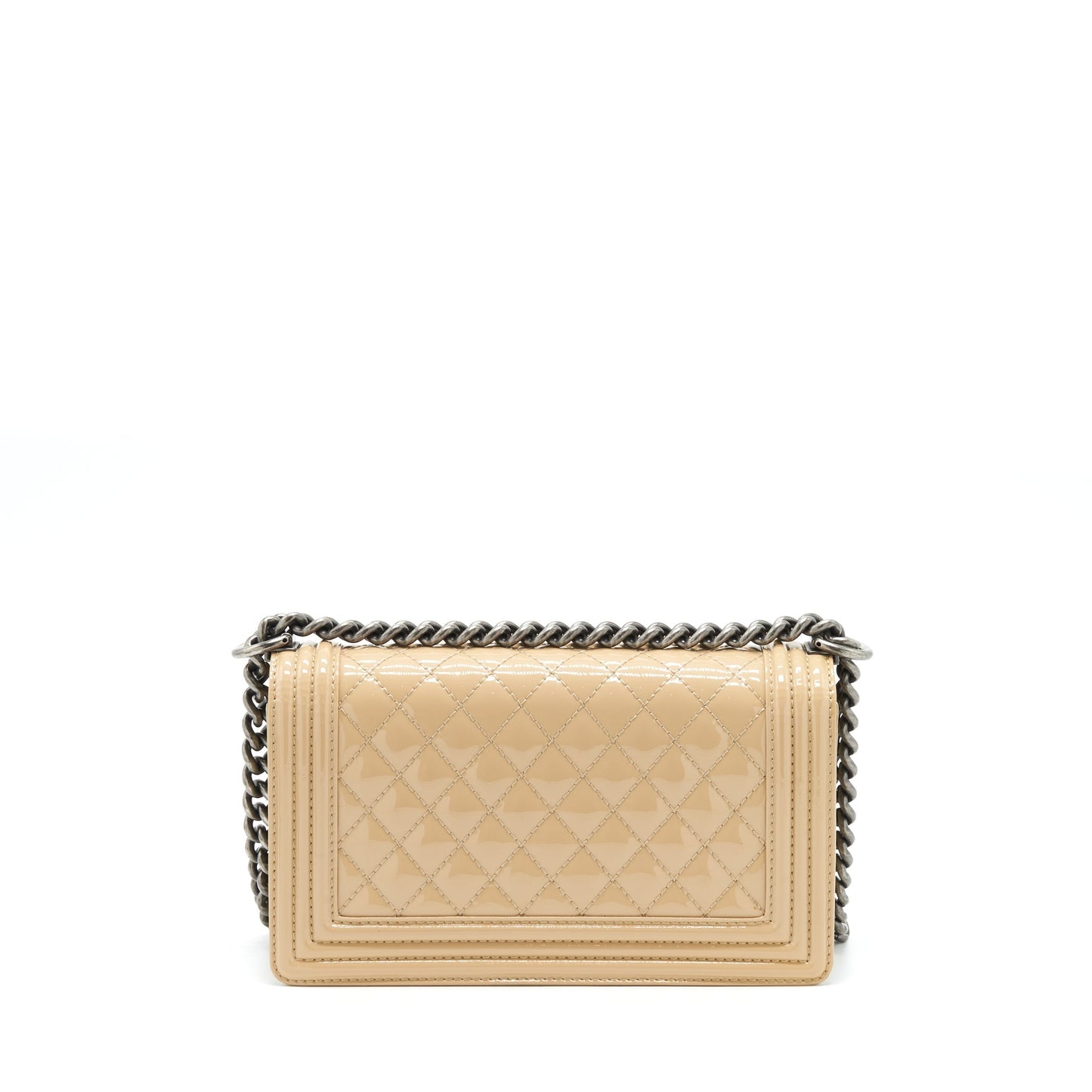 Chanel Boy Patent Light Ruthenium Sliver Hardware Beige Handbag
