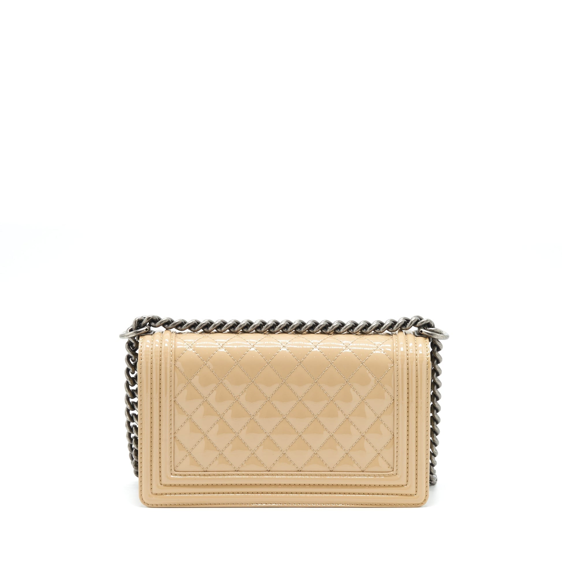 Chanel Boy Patent Light Ruthenium Sliver Hardware Beige Handbag