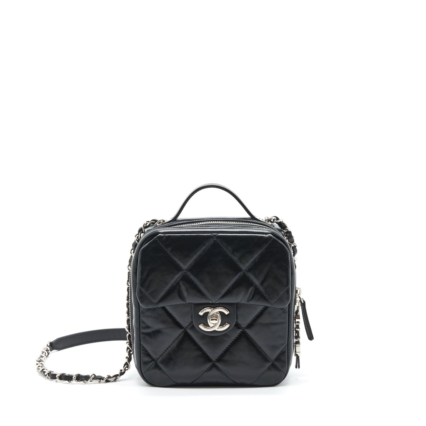 Chanel Quilted Vertical Top Handle Calfskin SHW Black Handbag