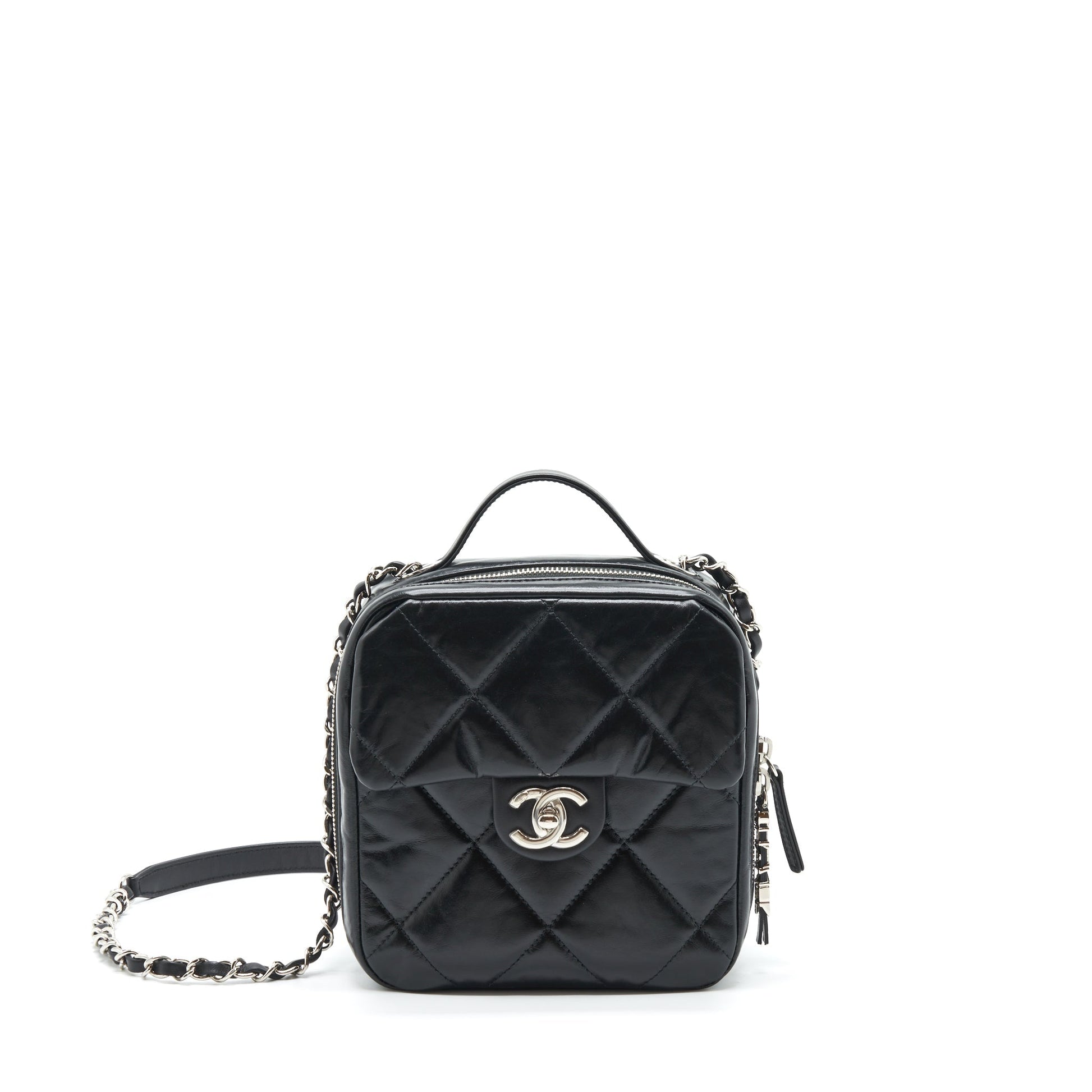 Chanel Quilted Vertical Top Handle Calfskin SHW Black Handbag