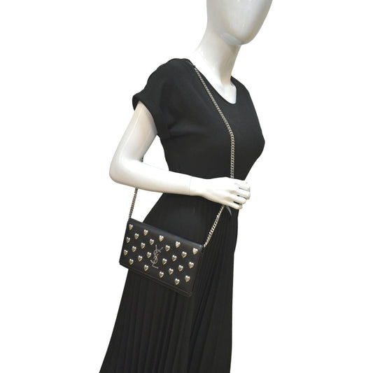 YSL Saint Laurent Yves Kate Heart Studded Shoulder Bag Leather Black