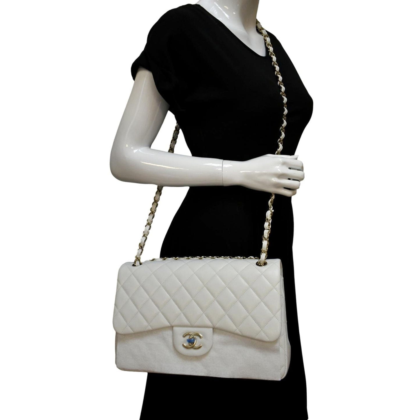 Chanel Jumbo Double Flap Quilted Caviar Leather White Travel Bag