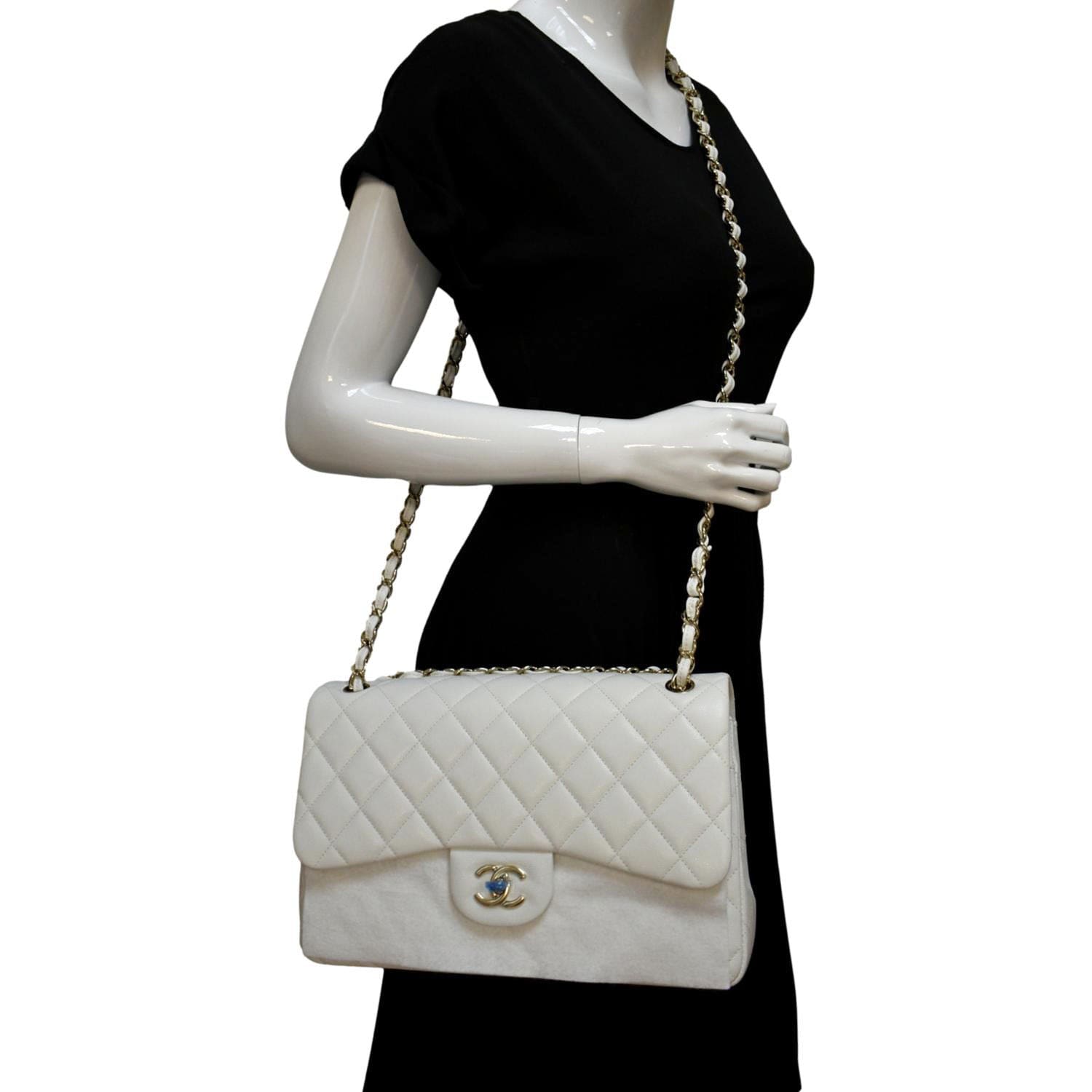 Chanel Jumbo Double Flap Quilted Caviar Leather White Travel Bag